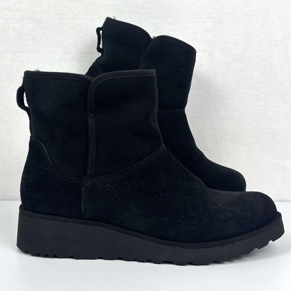 UGG Kristin Womens 8.5 Black Suede Shearling Wedge Ankle Boots 1012497